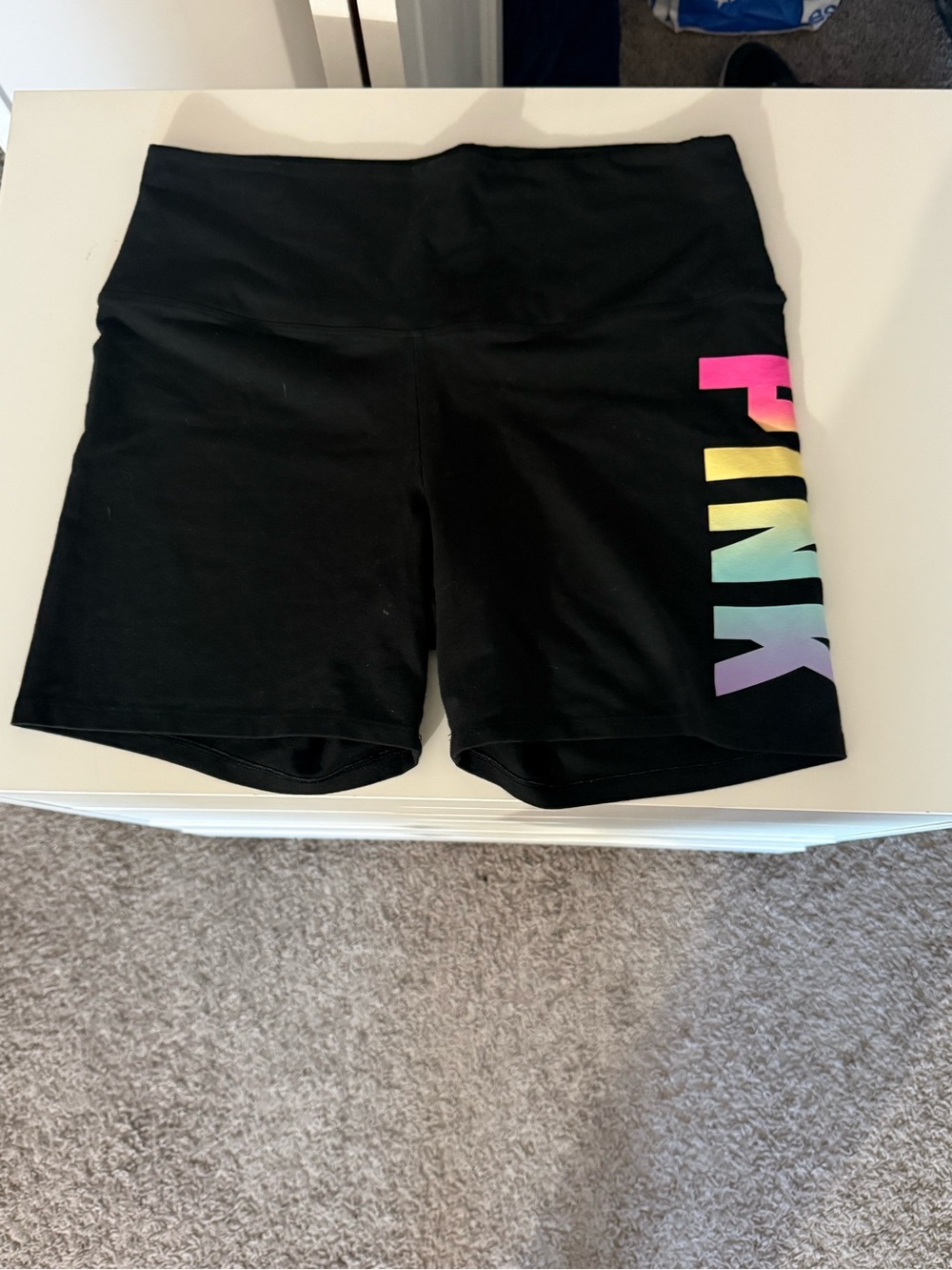 PINK Victoria's Secret Black High-Rise Bike Shorts with Rainbow PINK Logo
